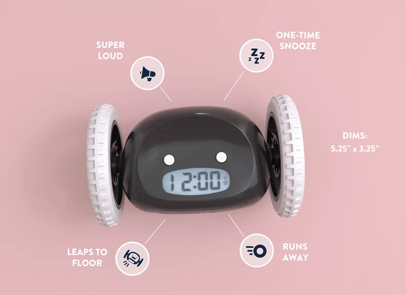 Clocky Black - Alarm clock on wheels