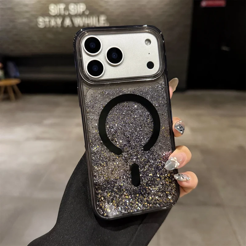 Vloeibare Glitter iPhone Hoesje met Magneetring Doorzichtig Dynamisch Telefoonhoesje TPU Shockproof Cover | Sansoti