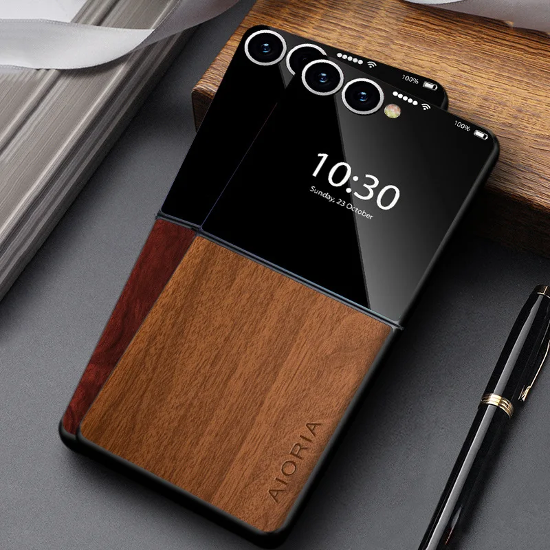 Telefoonhoesje Houtlook Opvouwbare Smartphone PU Leer Bescherming Schokbestendig Anti-Vingerafdruk Stijlvol | Sansoti