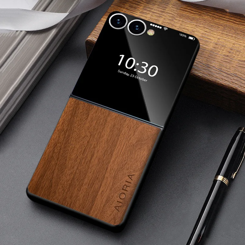 Telefoonhoesje Houtlook Opvouwbare Smartphone PU Leer Bescherming Schokbestendig Anti-Vingerafdruk Stijlvol | Sansoti