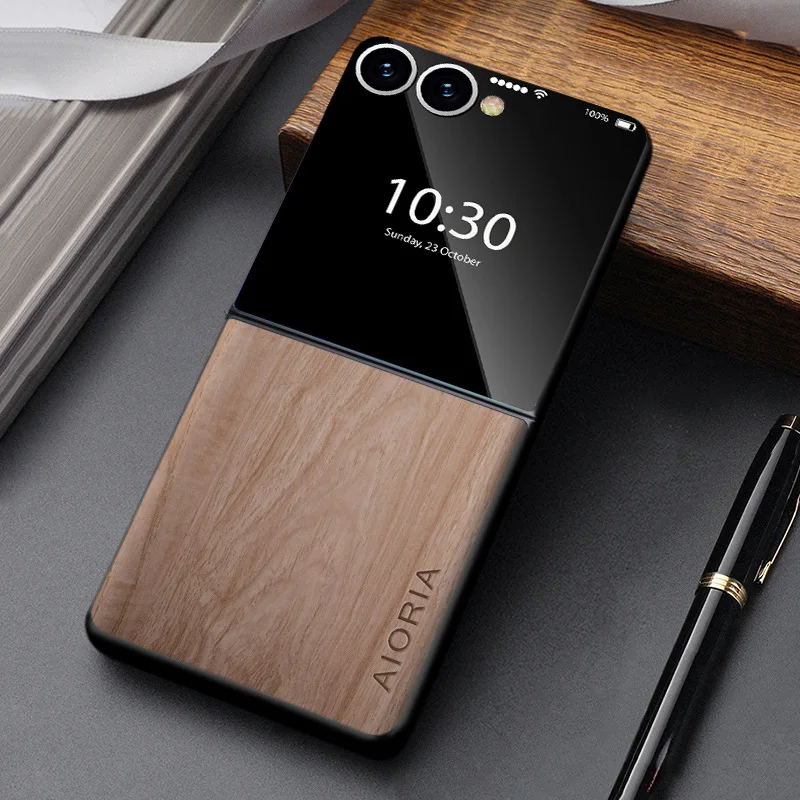 Telefoonhoesje Houtlook Opvouwbare Smartphone PU Leer Bescherming Schokbestendig Anti-Vingerafdruk Stijlvol | Sansoti