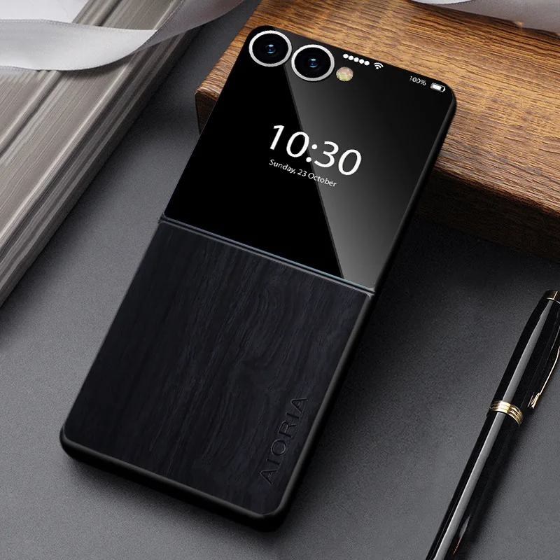 Telefoonhoesje Houtlook Opvouwbare Smartphone PU Leer Bescherming Schokbestendig Anti-Vingerafdruk Stijlvol | Sansoti