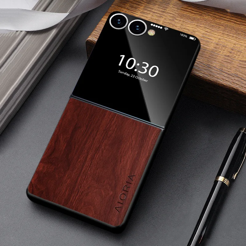 Telefoonhoesje Houtlook Opvouwbare Smartphone PU Leer Bescherming Schokbestendig Anti-Vingerafdruk Stijlvol | Sansoti
