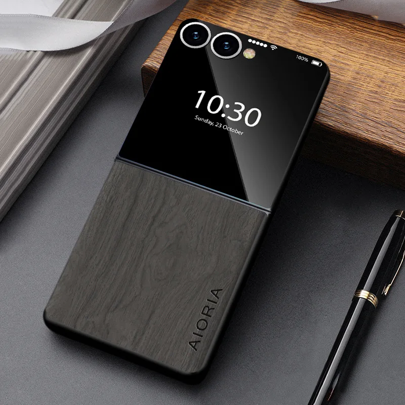 Telefoonhoesje Houtlook Opvouwbare Smartphone PU Leer Bescherming Schokbestendig Anti-Vingerafdruk Stijlvol | Sansoti