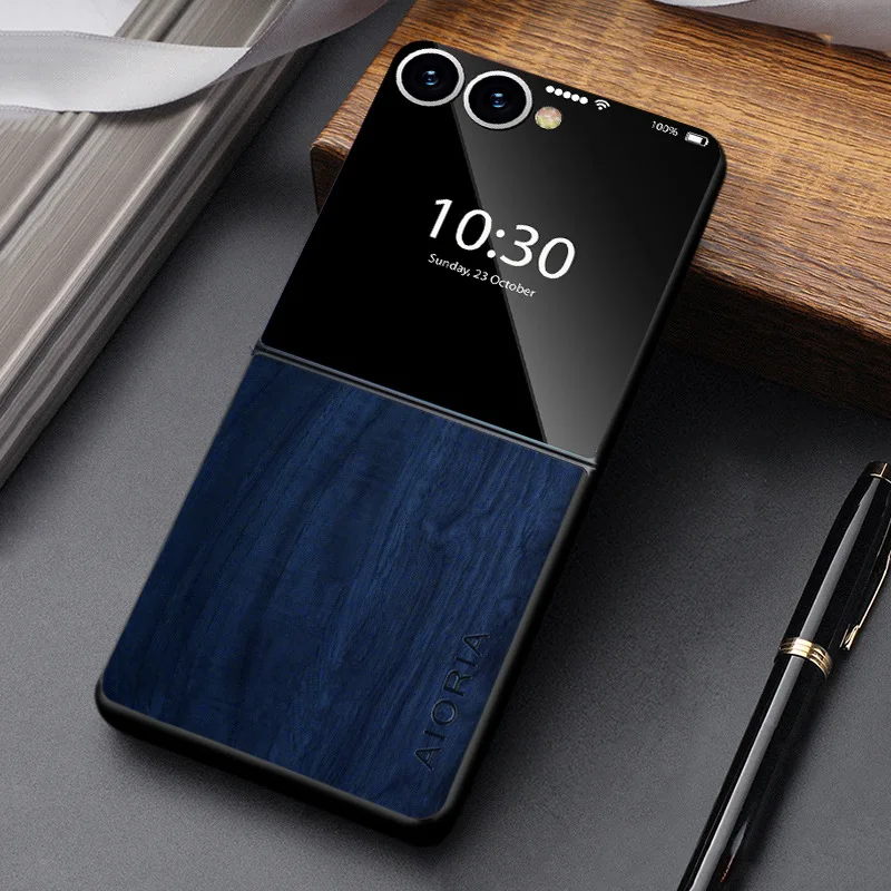 Telefoonhoesje Houtlook Opvouwbare Smartphone PU Leer Bescherming Schokbestendig Anti-Vingerafdruk Stijlvol | Sansoti