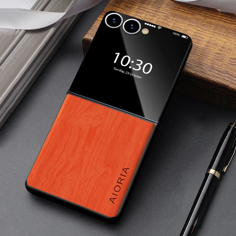 Telefoonhoesje Houtlook Opvouwbare Smartphone PU Leer Bescherming Schokbestendig Anti-Vingerafdruk Stijlvol | Sansoti