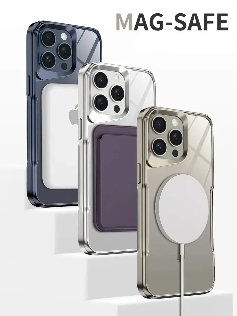 Transparante iPhone Hoes met Titanium Afwerking Draadloos Laden Compatibel Modellen 12 13 14 15 16 17 | Sansoti