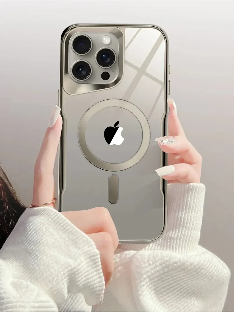 Transparante iPhone Hoes met Titanium Afwerking Draadloos Laden Compatibel Modellen 12 13 14 15 16 17 | Sansoti