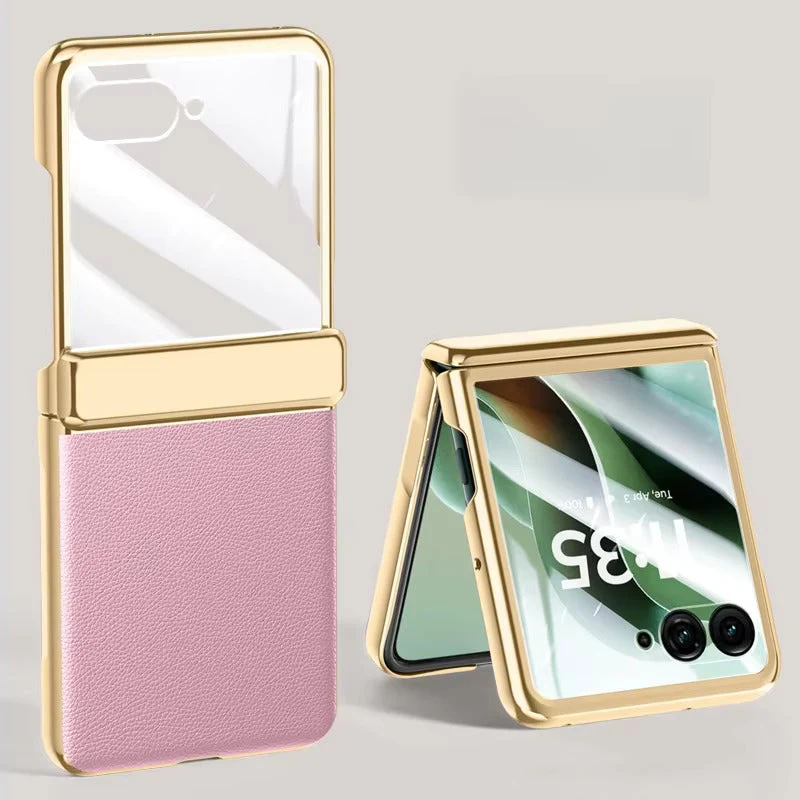 Kunstleren beschermhoes voor opvouwbare smartphone met gehard glas verchroomde afwerking en volledige bescherming | Sansoti