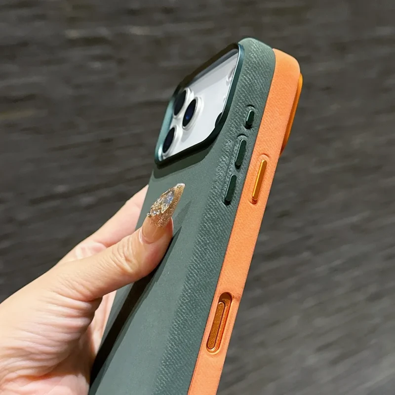 Polyester iPhone Hoesje met Denim-Look voor 13 tot 17 Draadloos Laden Compatibel Stevige Bescherming | Sansoti