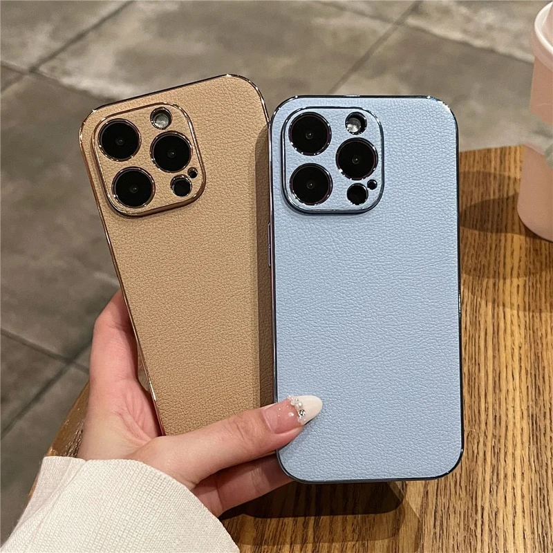 Leren iPhone Hoesje met Galvanische Zijkanten Camera Bescherming 13 14 15 16 17 Pro Max Stijlvol Design | Sansoti