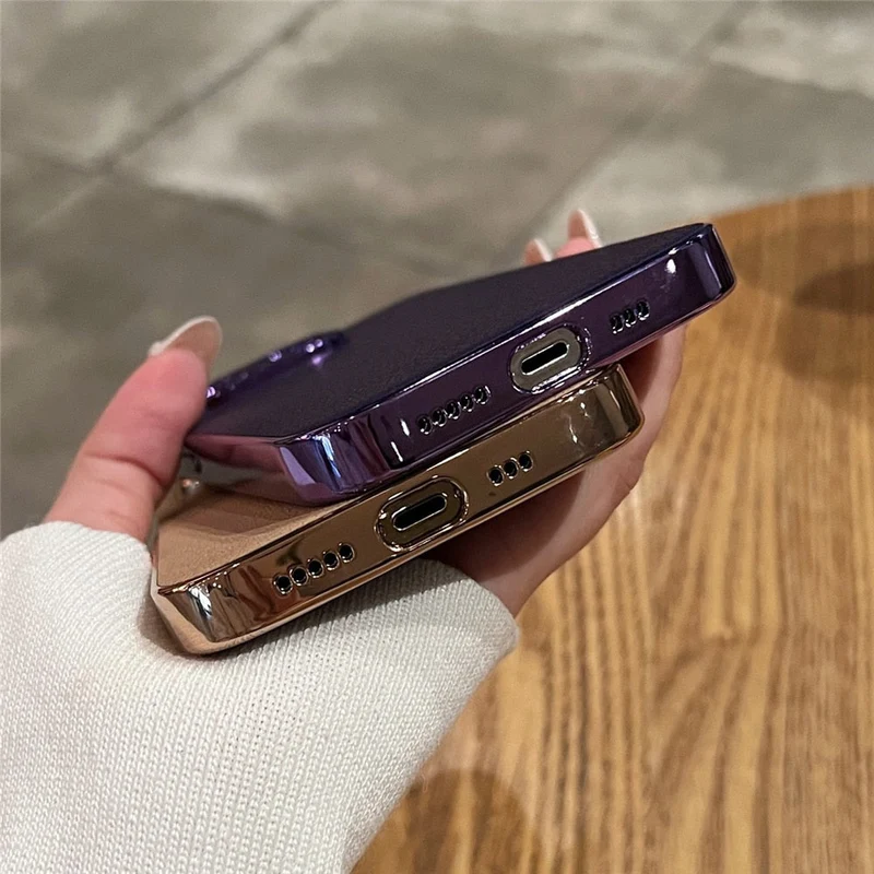 Leren iPhone Hoesje met Galvanische Zijkanten Camera Bescherming 13 14 15 16 17 Pro Max Stijlvol Design | Sansoti