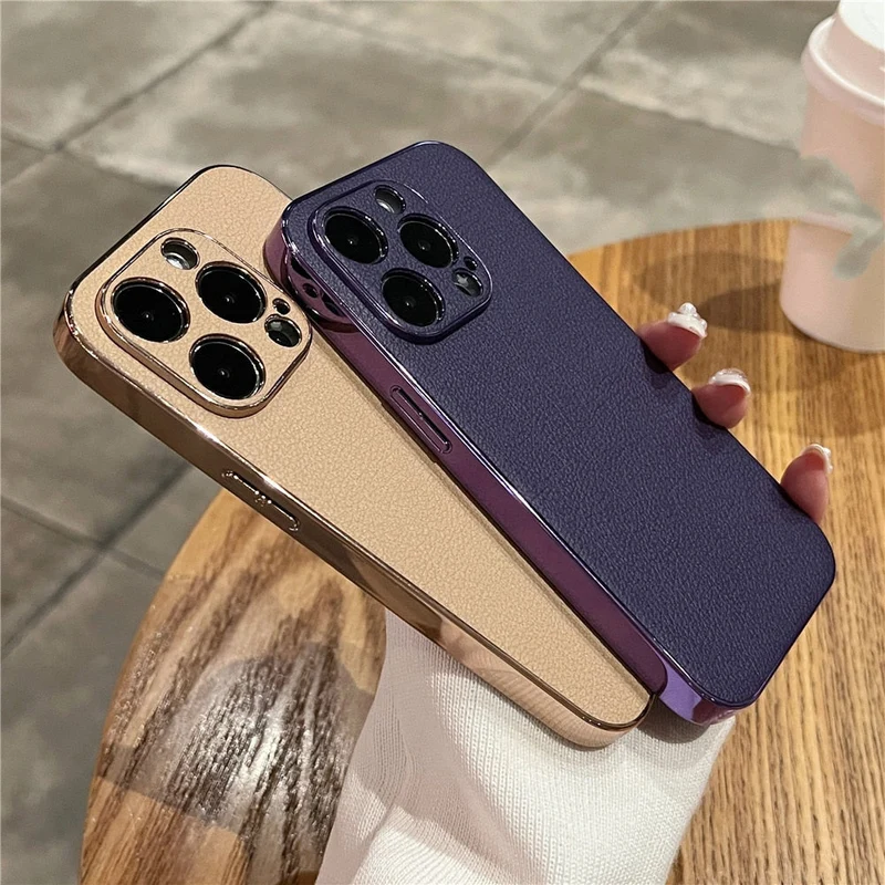 Leren iPhone Hoesje met Galvanische Zijkanten Camera Bescherming 13 14 15 16 17 Pro Max Stijlvol Design | Sansoti