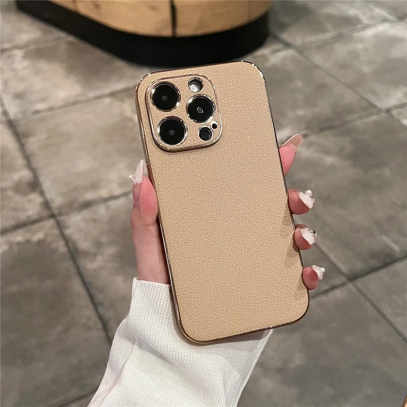 Leren iPhone Hoesje met Galvanische Zijkanten Camera Bescherming 13 14 15 16 17 Pro Max Stijlvol Design | Sansoti