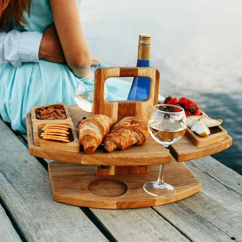 Draagbare Houten Picknicktafel met Wijnhouder & Handvat voor Buiten | Sansoti