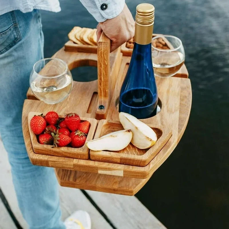 Draagbare Houten Picknicktafel met Wijnhouder & Handvat voor Buiten | Sansoti