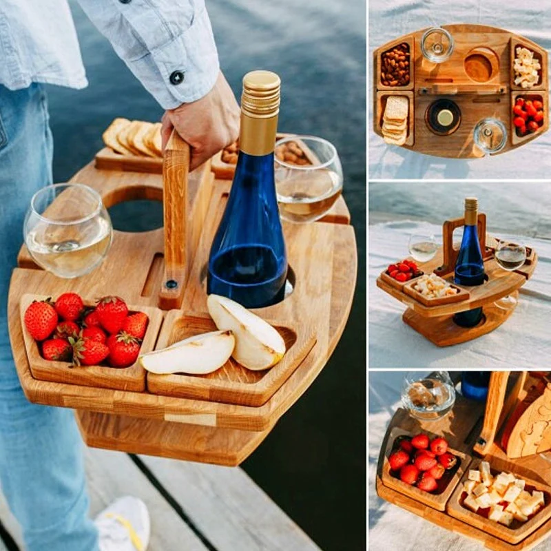 Draagbare Houten Picknicktafel met Wijnhouder & Handvat voor Buiten | Sansoti