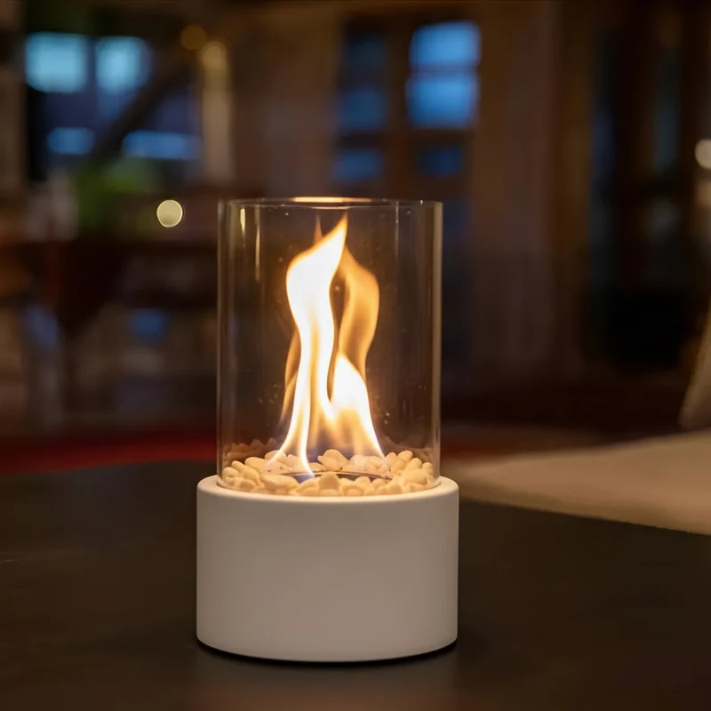 Tafelkachel op Bio-ethanol – Rookvrije Haard met Glazen Cilinder in Zwart, Wit of Zilver – Modern Design voor Binnen en Buiten | Sansoti