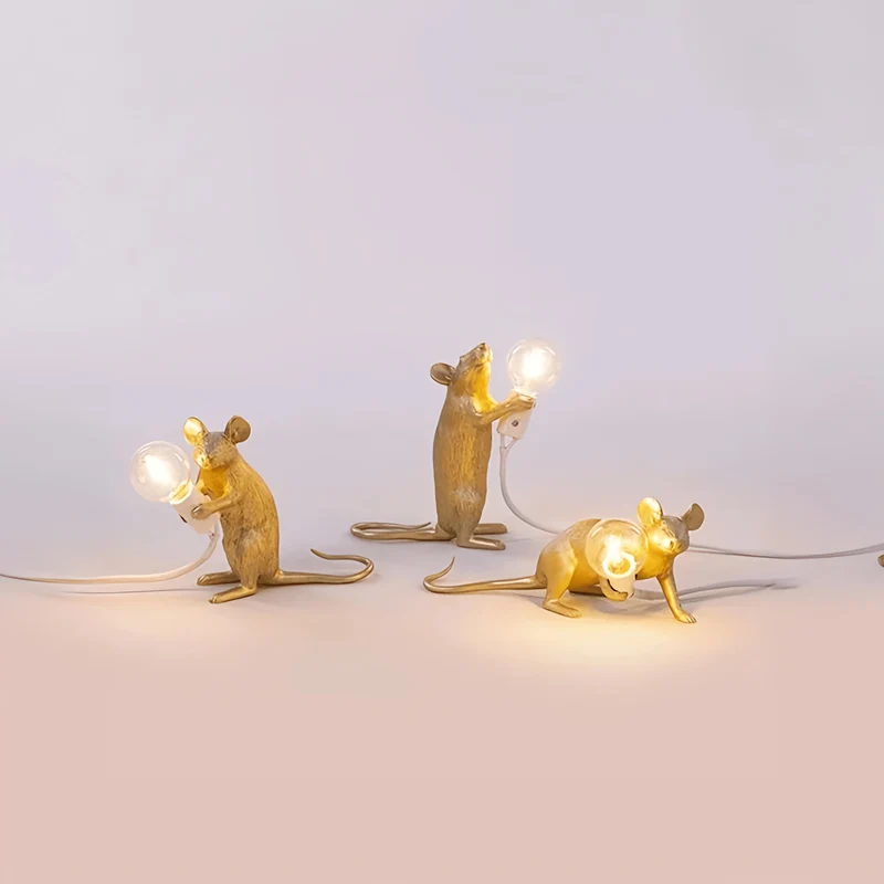 Decoratieve Tafellamp met Dierenfiguur – Hars – Gouden en Witte Muis – E12 – Warme Sfeerverlichting voor Woonkamer Slaapkamer Kantoor | Sansoti