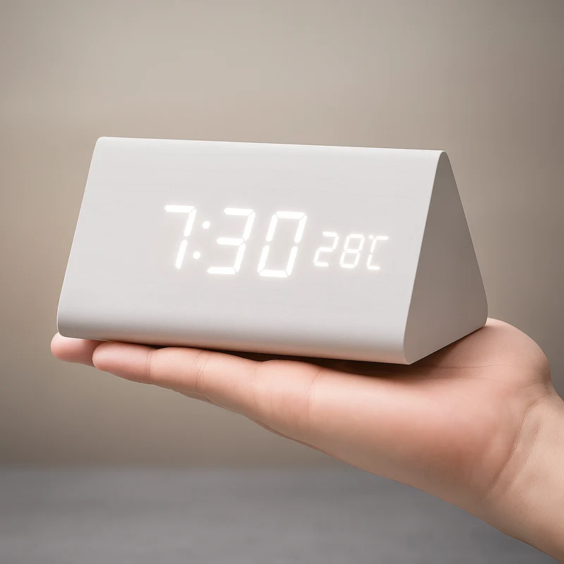 Digitale LED Klok Hout Driehoek Modern Design Wekker USB Dimbaar Display Tafelklok Slaapkamer Kantoor | Sansoti