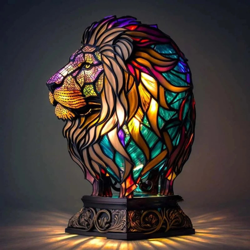 Decoratieve Tafelverlichting met Gekleurd Glasmozaïek – Wolf, Schildpad, Leeuw, Olifant – Sfeervolle Tafellamp 15cm | Sansoti