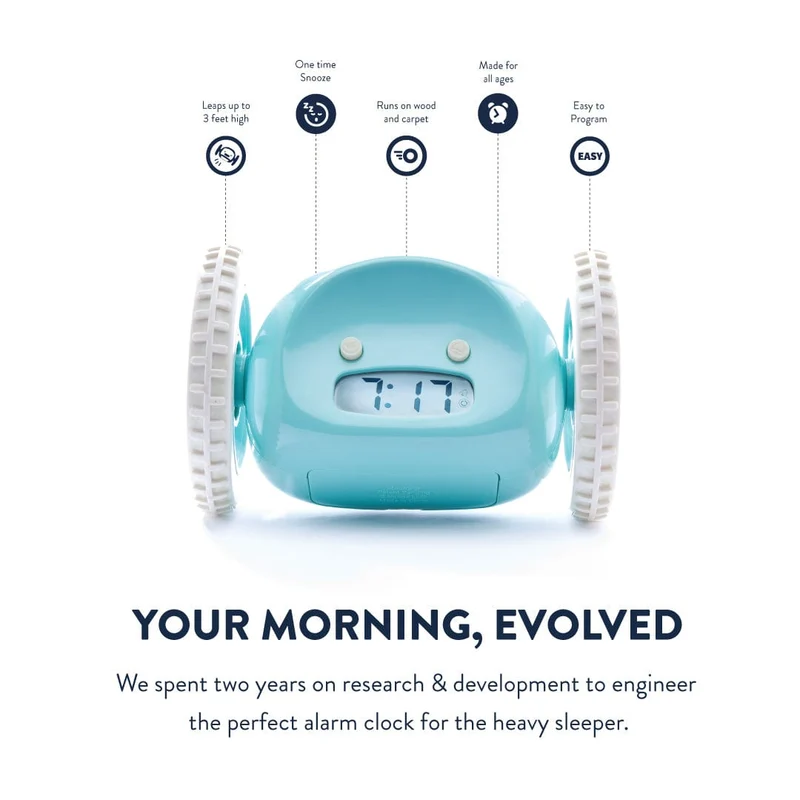 Clocky Blue - Alarm clock on wheels