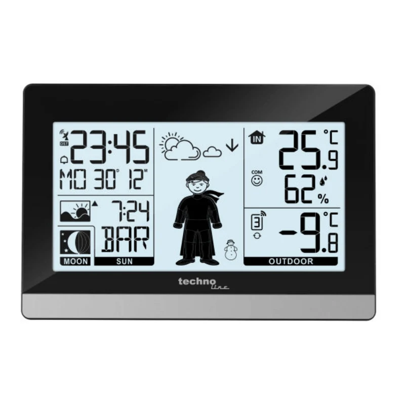 Wetterstation - Inklusive Außensensor - Wettervorhersage - Wecker - Funkgesteuert - WS9612 schwarz