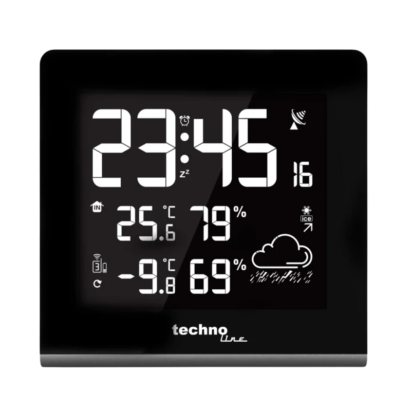 Wetterstation mit 256 verschiedenen Displayfarben - Funkuhr - Wettervorhersage - Luftfeuchtigkeits- und Temperaturanzeige - Weckerfunktion - Technoline WS 9065