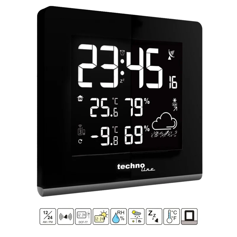 Wetterstation mit 256 verschiedenen Displayfarben - Funkuhr - Wettervorhersage - Luftfeuchtigkeits- und Temperaturanzeige - Weckerfunktion - Technoline WS 9065