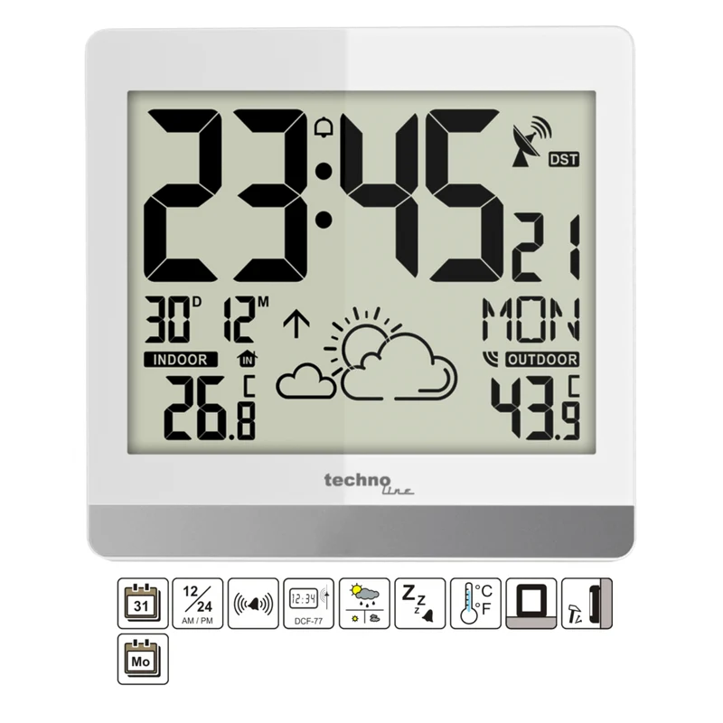 Wetterstation - Inklusive Außensensor - Wettervorhersage - Weckfunktion - Funkuhr - Datum - Technoline WS 8119