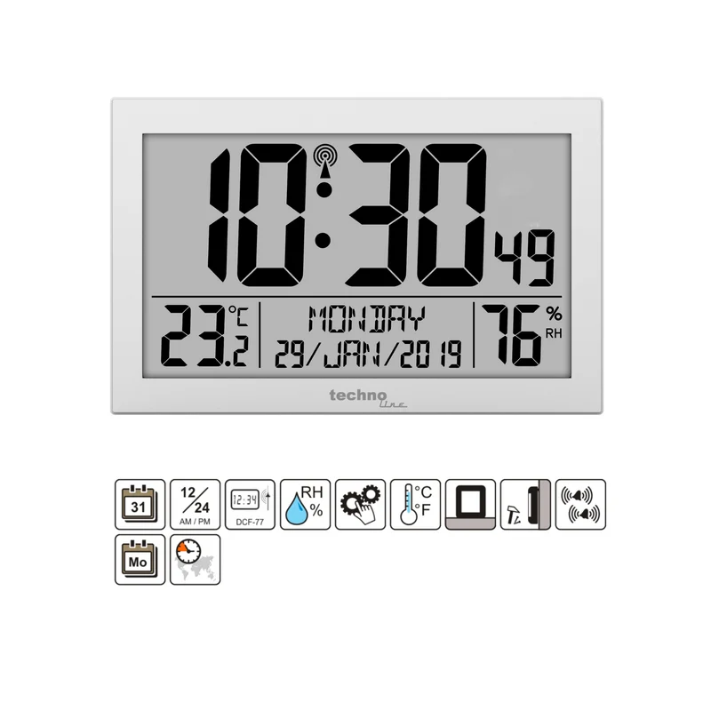 Wanduhr - Digital - Funkgesteuert - Tages-/Datumsanzeige - Wecker - Thermometer - Hygrometer - Große Zahlen - Ältere - Demenzuhr