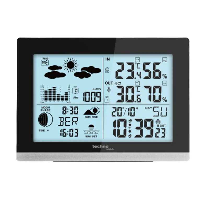 Wetterstation - Vorhersage / Wetterverlauf - Funkgesteuert - Tag / Datum - Wecker - Thermometer / Hygrometer - Mondphase - Hintergrundbeleuchtung - Techno Line WS 6762