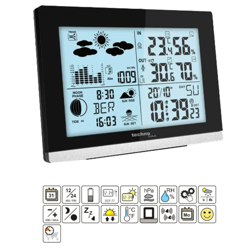Wetterstation - Vorhersage / Wetterverlauf - Funkgesteuert - Tag / Datum - Wecker - Thermometer / Hygrometer - Mondphase - Hintergrundbeleuchtung - Techno Line WS 6762
