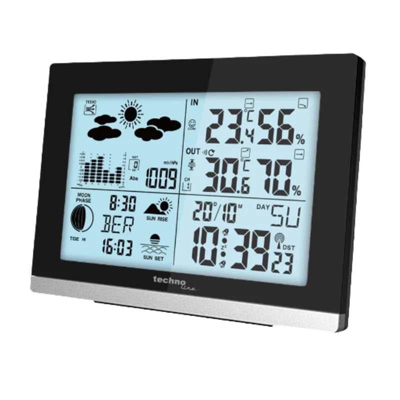 Wetterstation - Vorhersage / Wetterverlauf - Funkgesteuert - Tag / Datum - Wecker - Thermometer / Hygrometer - Mondphase - Hintergrundbeleuchtung - Techno Line WS 6762