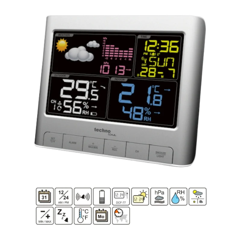 Digitale Wetterstation - Funkgesteuerter Wecker - Datum - Innen- und Außentemperaturanzeige Innen- und Außenfeuchteanzeige - Technoline WS 6449 Wetterstation