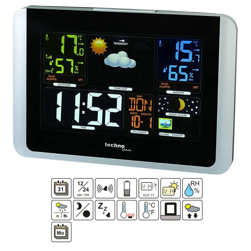 Wetterstation - Inklusive Außensensor - Wecker - Mondphase - Funkuhr - Datum - Technoline WS 6442