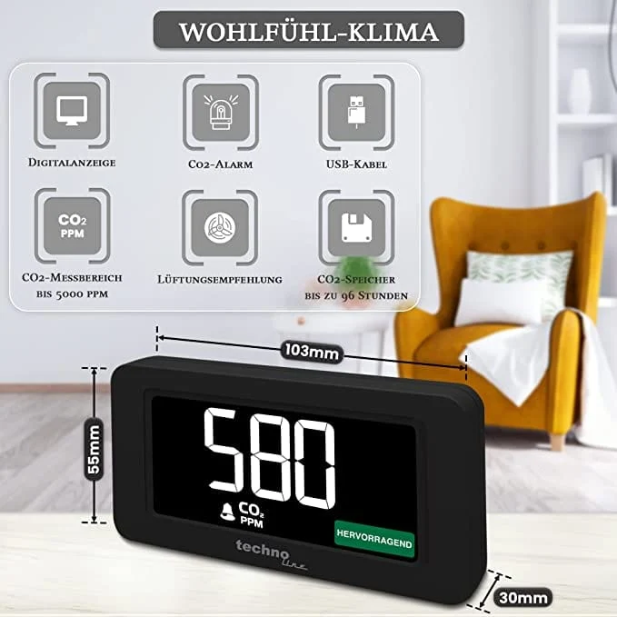 Luftqualitätsmessgerät - CO2 Messgerät - CO2 Ampel - CO2 Alarm - Technoline WL 1022