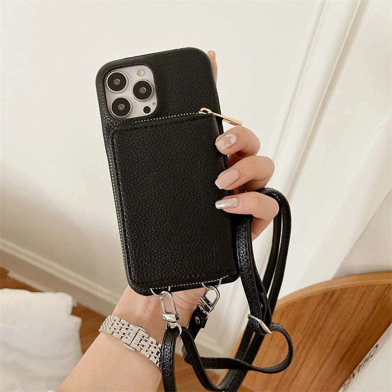 Telefoonhoesje met Portemonnee Crossbody Band iPhone Kunstleer Kaarthouder Standaard Handsfree Bescherming | Sansoti