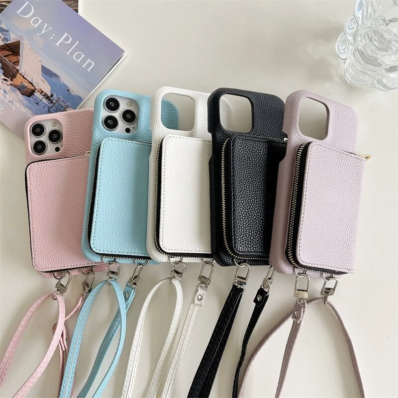 Telefoonhoesje met Portemonnee Crossbody Band iPhone Kunstleer Kaarthouder Standaard Handsfree Bescherming | Sansoti