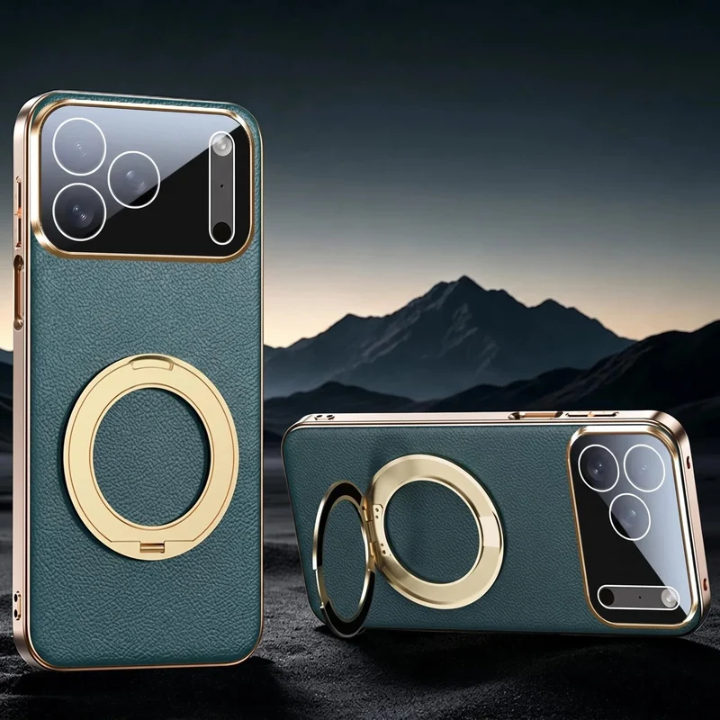 Lederen iPhone Hoesje met Draaibare Ringhouder MagSafe Compatibel voor Draadloos Opladen Telefoonhouder | Sansoti