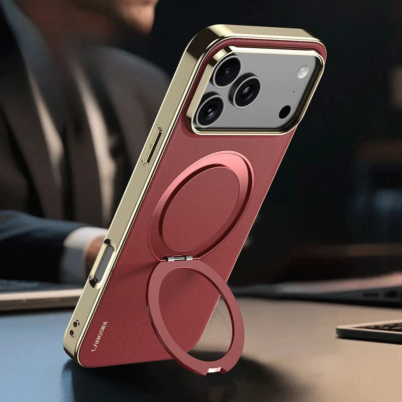 Lederen iPhone Hoesje met Draaibare Ringhouder MagSafe Compatibel voor Draadloos Opladen Telefoonhouder | Sansoti
