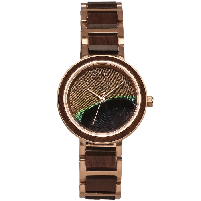 Holzkern Die Frohnatur (Walnuss/Pfauenfeder) • Pfauenfedern-Zifferblatt • Holz-Edelstahl-Armband