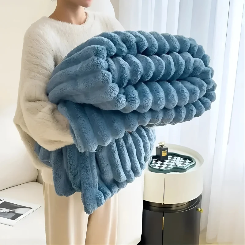 Flanel Plaid Deken Zacht Pluche Warm Decoratief Beige Grijs Blauw Roze Woonkamer Slaapkamer Picknick | Sansoti