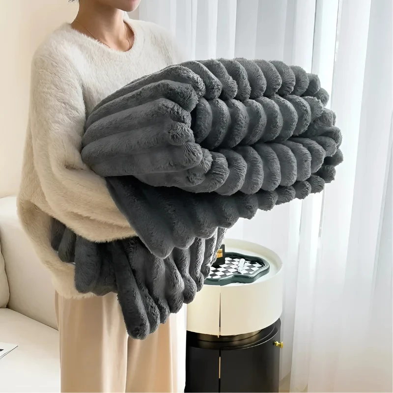 Flanel Plaid Deken Zacht Pluche Warm Decoratief Beige Grijs Blauw Roze Woonkamer Slaapkamer Picknick | Sansoti