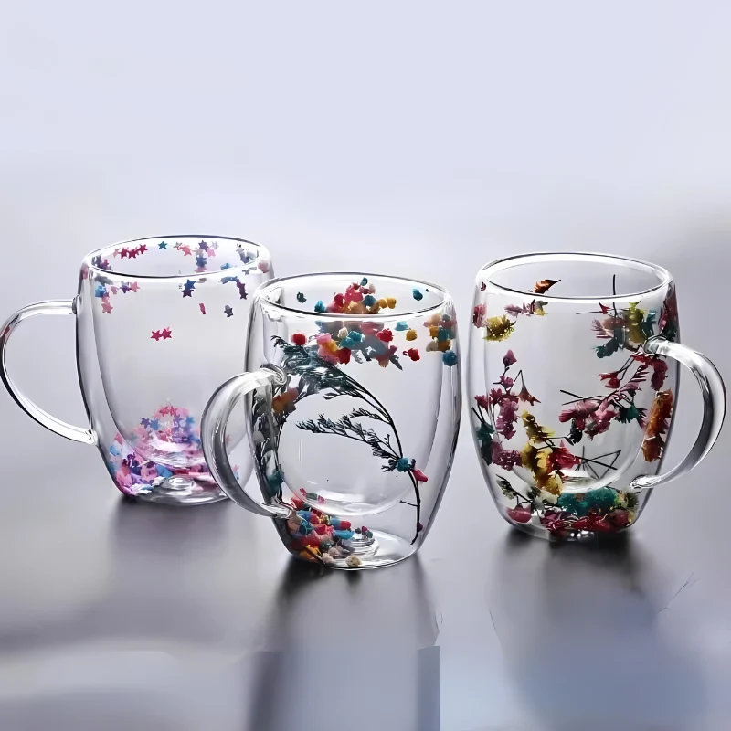 Dubbelwandige Cappuccinokop met Droogbloemen 300ml Glas Thermische Isolatie Ergonomische Greep Koffiekop | Sansoti