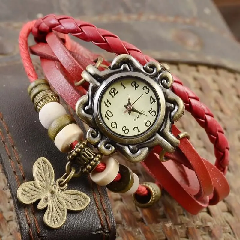 Gevlochten Leren Armbandhorloge met Bladbedel Vintage Bohemian Stijl Wikkelband Dames Kwartsuurwerk Polshorloge | Sansoti