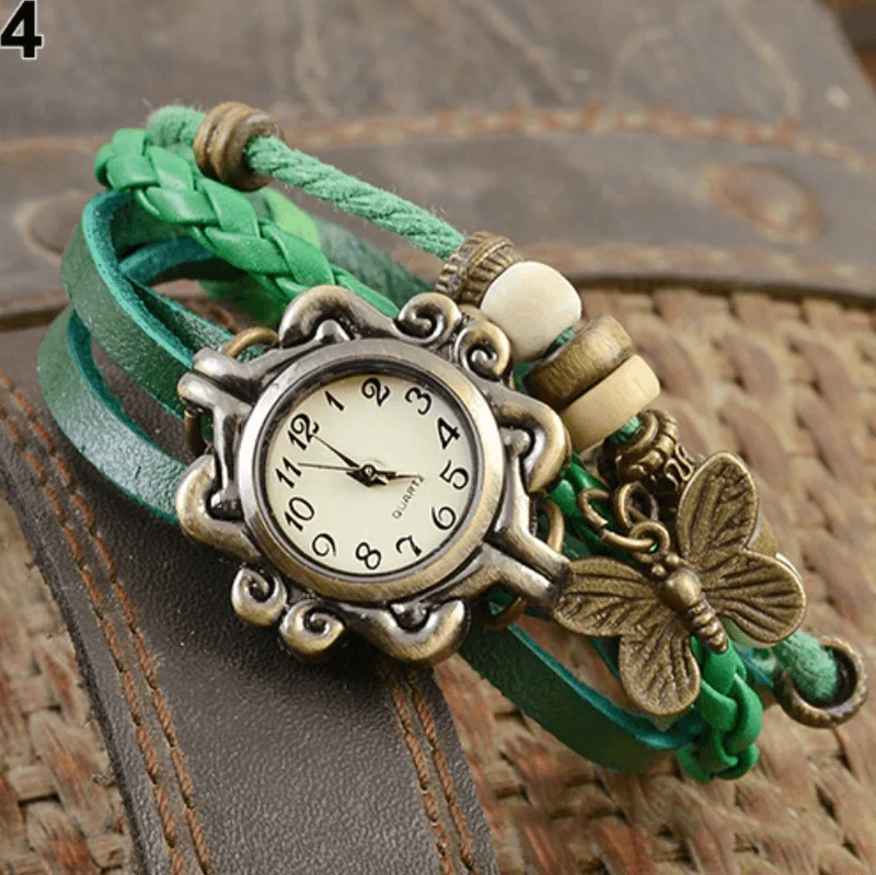 Gevlochten Leren Armbandhorloge met Bladbedel Vintage Bohemian Stijl Wikkelband Dames Kwartsuurwerk Polshorloge | Sansoti