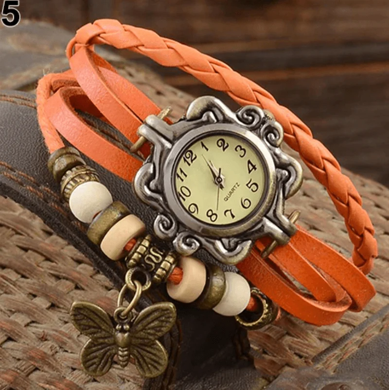 Gevlochten Leren Armbandhorloge met Bladbedel Vintage Bohemian Stijl Wikkelband Dames Kwartsuurwerk Polshorloge | Sansoti
