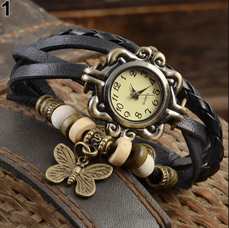 Gevlochten Leren Armbandhorloge met Bladbedel Vintage Bohemian Stijl Wikkelband Dames Kwartsuurwerk Polshorloge | Sansoti