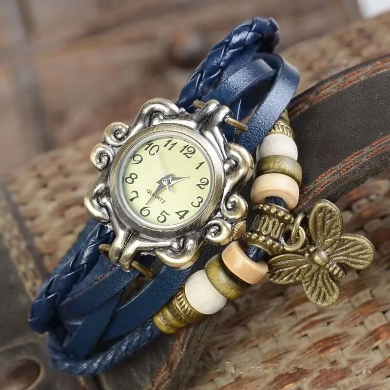 Gevlochten Leren Armbandhorloge met Bladbedel Vintage Bohemian Stijl Wikkelband Dames Kwartsuurwerk Polshorloge | Sansoti